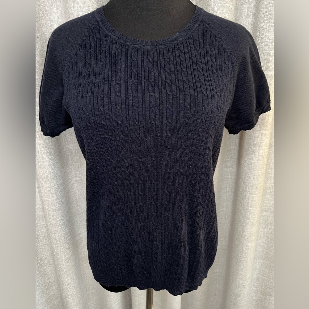 Navy Cable Front Sweater Short Sleeves